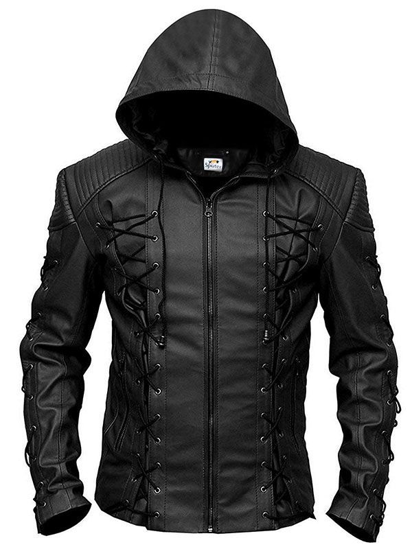 Stephen Amell Hooded Leather Jacket