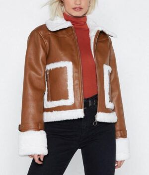 Brown Cropped Aviator Leather Jacket