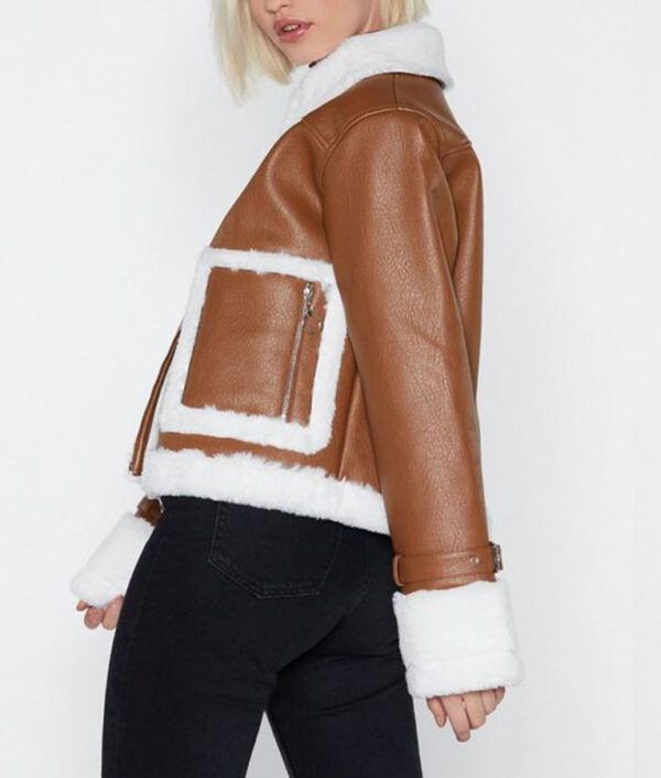 Brown Cropped Aviator Leather Jacket