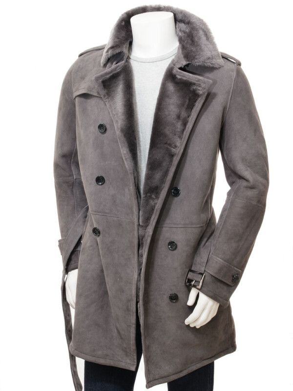 Mens Grey Shearling Leather Coat