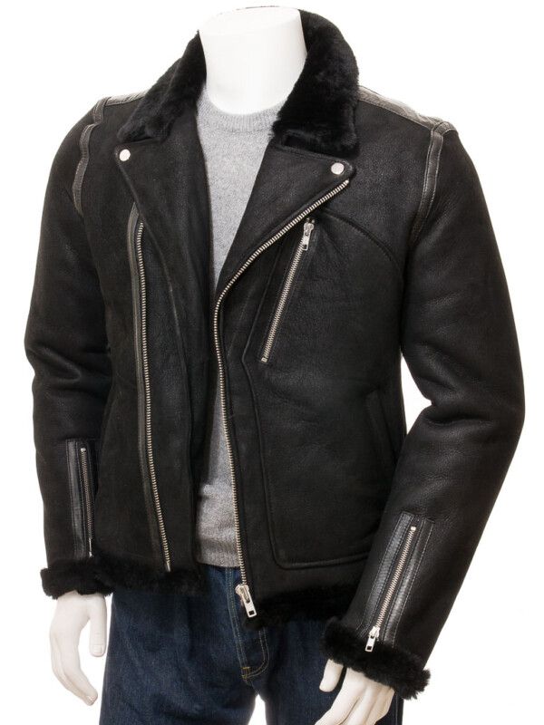 Men's Black Shearling Biker Jacket